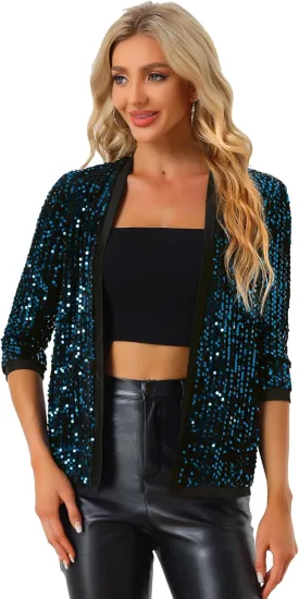 Allegra K Women's Sequin Cardigan 3/4 Sleeve Open Front Sequin Jackets Velvet Party Cocktail Shrug