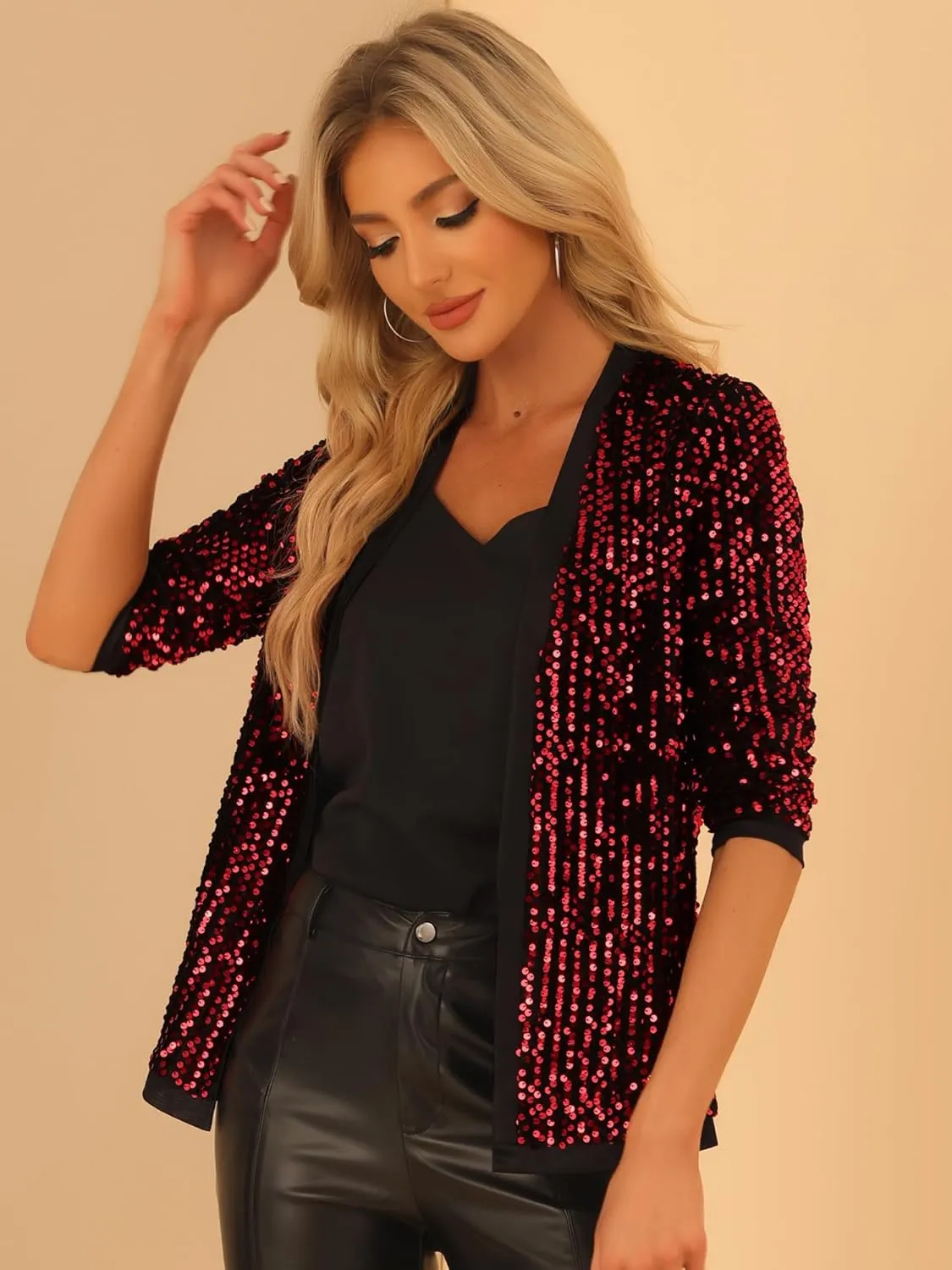 Allegra K Women's Sequin Cardigan 3/4 Sleeve Open Front Sequin Jackets Velvet Party Cocktail Shrug