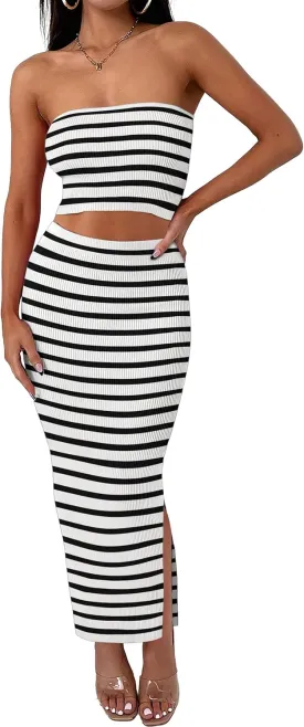 ANRABESS Women 2 Piece Outfits Maxi Skirt Sets 2025 Summer Ribbed Knit Tube Crop Tops Sexy Bodycon Side Slit Going Out Dress