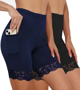 Anti Chafing Boyshort Women Satin Underwear Lace Slip Shorts for Under Dresses with Pockets 2 Packs