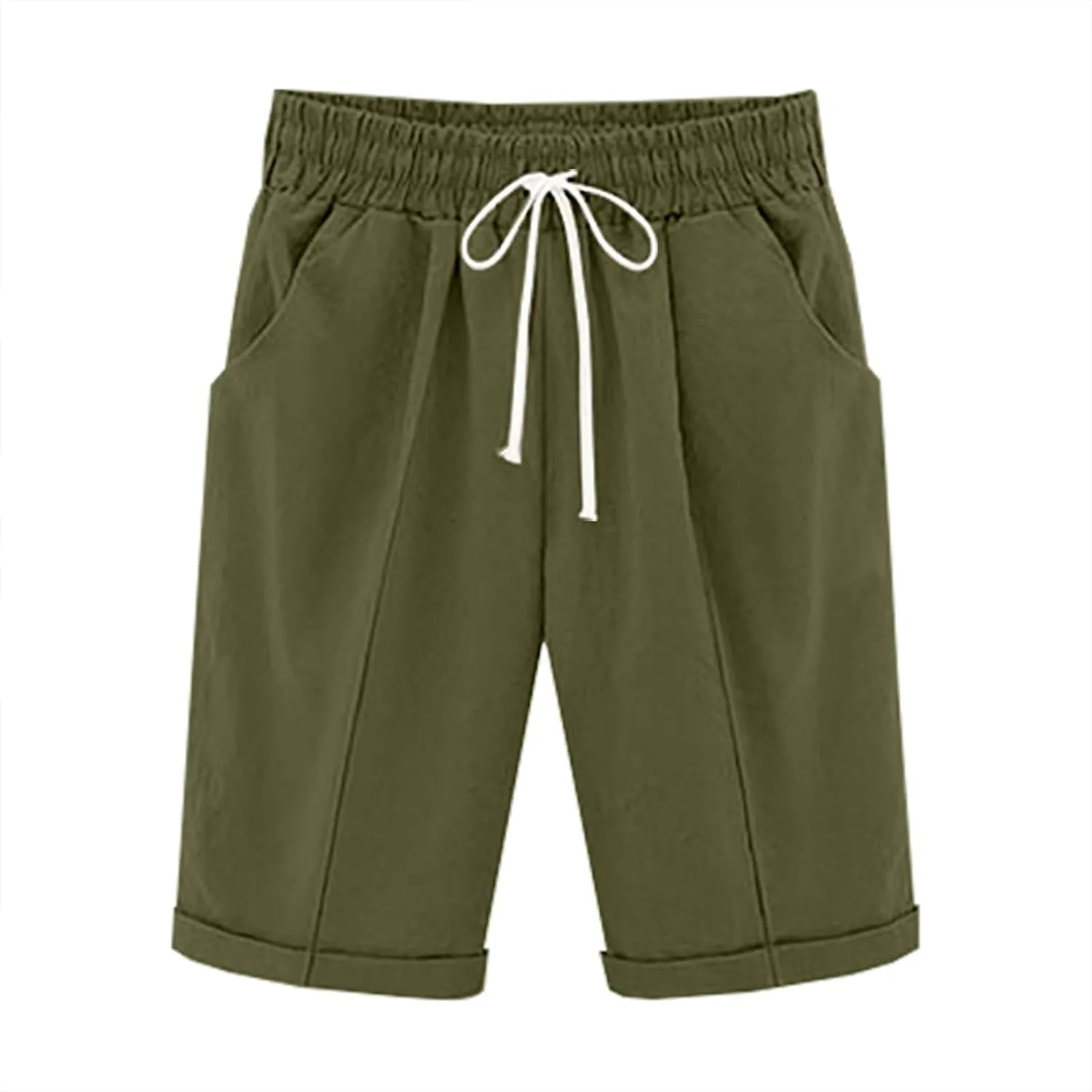 Bermuda Shorts for Women Knee Length Summer Casual Beach Elastic Waist Drawstring Comfy Trendy Long Cotton Linen Shorts