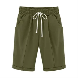 Bermuda Shorts for Women Knee Length Summer Casual Beach Elastic Waist Drawstring Comfy Trendy Long Cotton Linen Shorts