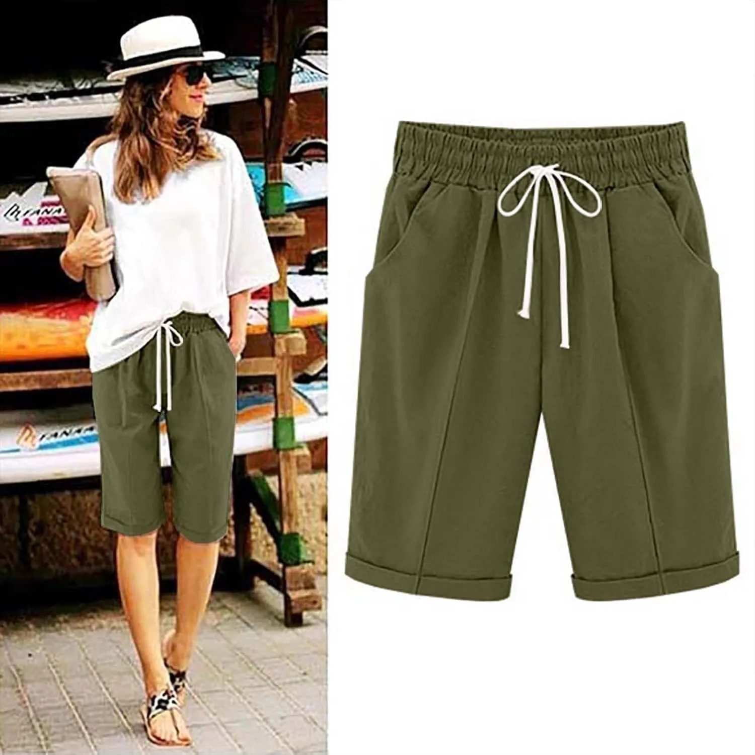 Bermuda Shorts for Women Knee Length Summer Casual Beach Elastic Waist Drawstring Comfy Trendy Long Cotton Linen Shorts