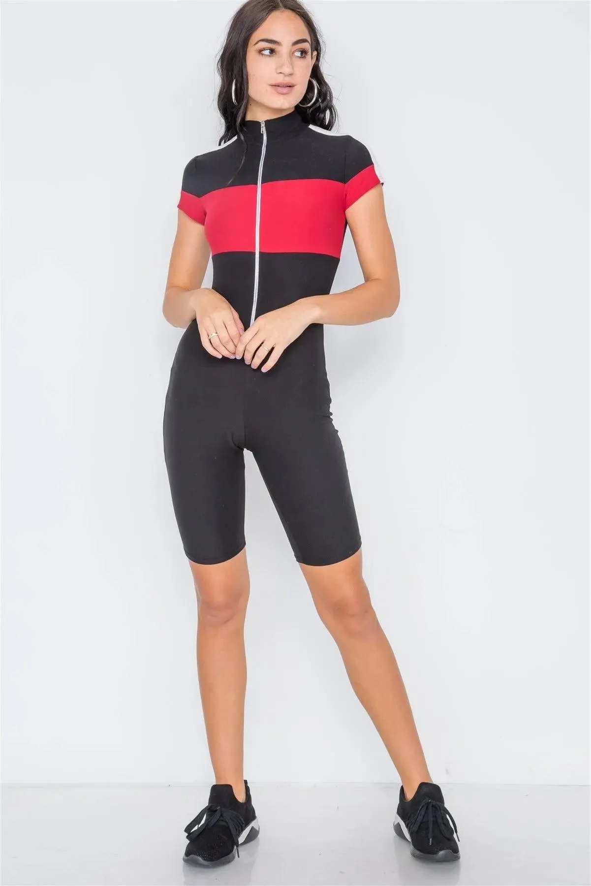 Black Red Color Block Biker Short Romper /2-2-2