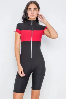 Black Red Color Block Biker Short Romper /2-2-2