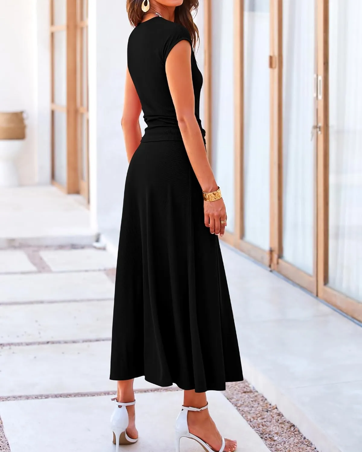 BTFBM Women Two Piece Skirt Set Summer 2025 Casual Vacation Crew Neck Short Sleeve Cropped Top Elastic Waist Midi Skirts