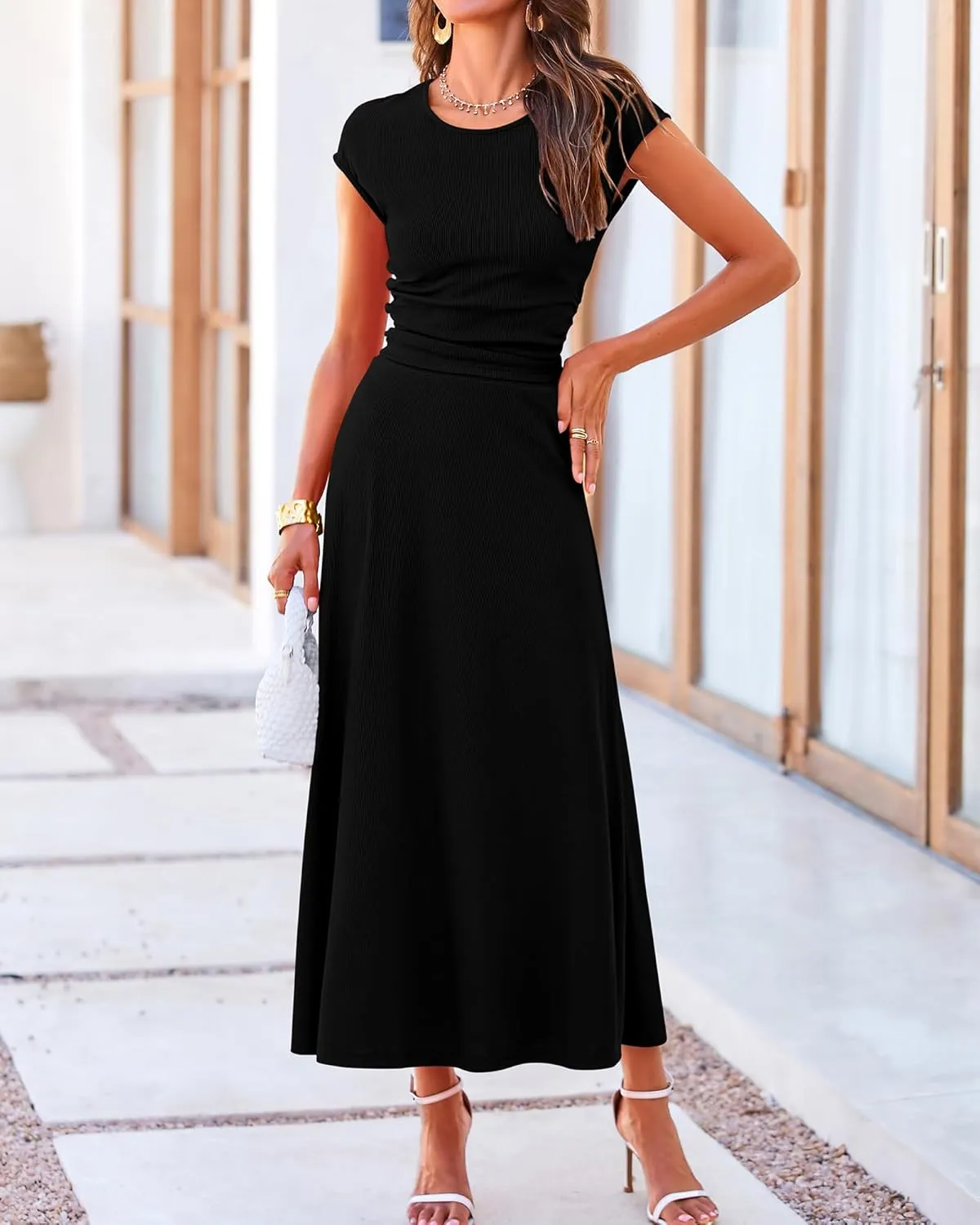 BTFBM Women Two Piece Skirt Set Summer 2025 Casual Vacation Crew Neck Short Sleeve Cropped Top Elastic Waist Midi Skirts