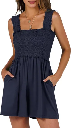 Caracilia Women's Summer Casual Smocked Rompers Square Neck Sleeveless Loose Shorts Jumpsuit 2025 Beach Vacation Outfits