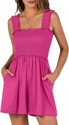 Caracilia Women's Summer Casual Smocked Rompers Square Neck Sleeveless Loose Shorts Jumpsuit 2025 Beach Vacation Outfits