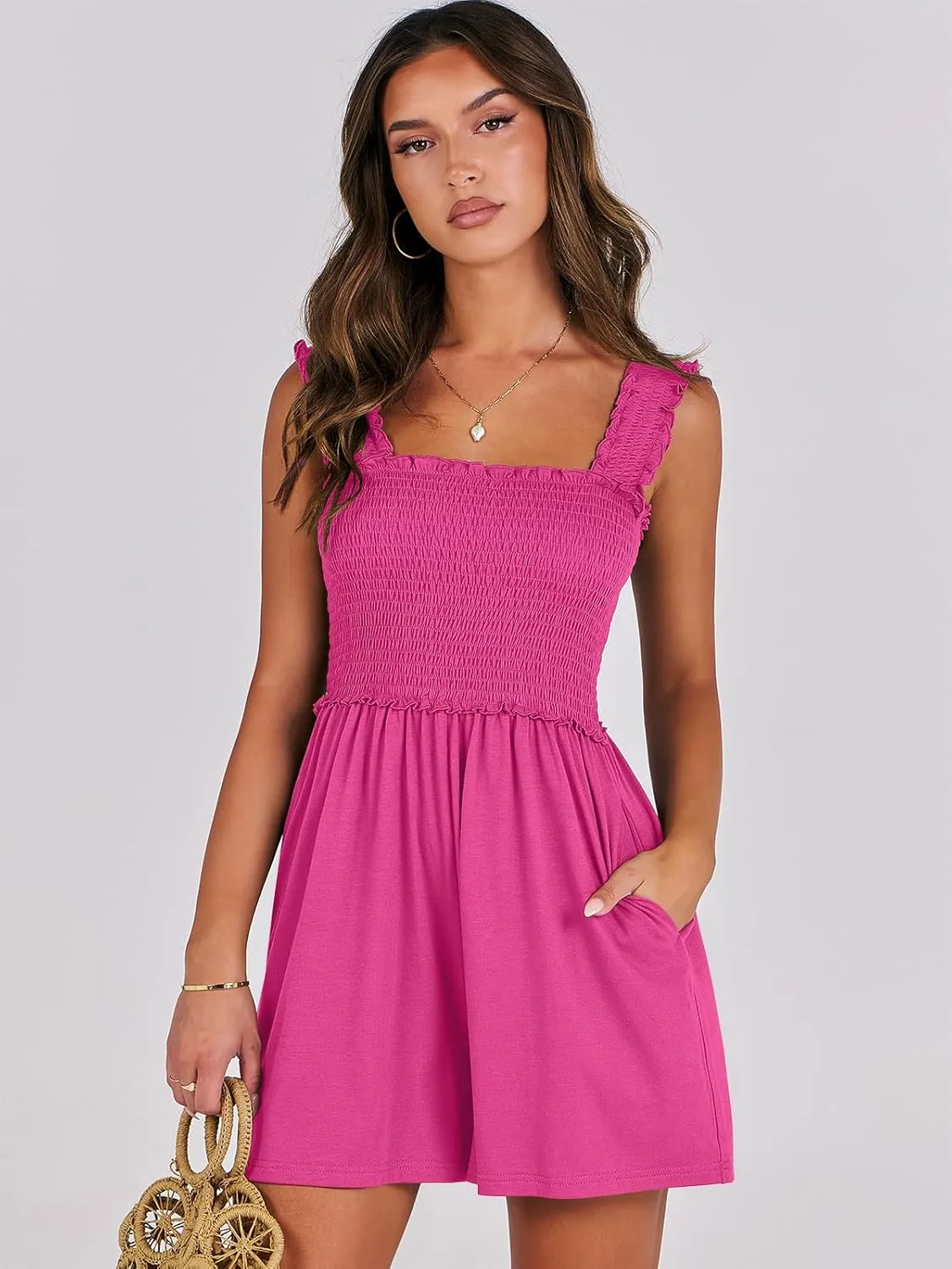 Caracilia Women's Summer Casual Smocked Rompers Square Neck Sleeveless Loose Shorts Jumpsuit 2025 Beach Vacation Outfits