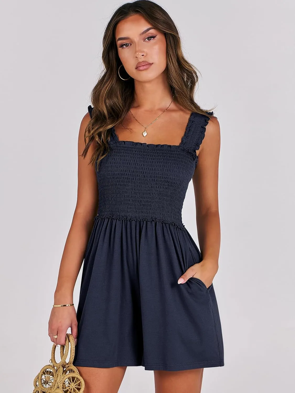 Caracilia Women's Summer Casual Smocked Rompers Square Neck Sleeveless Loose Shorts Jumpsuit 2025 Beach Vacation Outfits