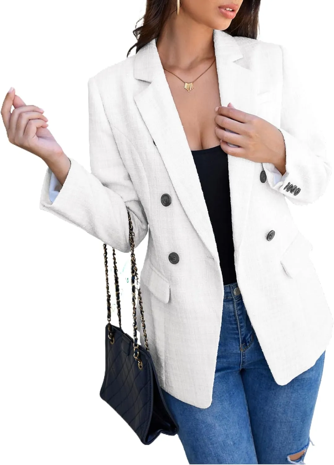 CCTOO Womens Tweed Blazers Casual Jackets Long Sleeve Oversized Open Front Plaid Blazer Jackets Work Suits with Pockets
