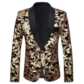 CGSUITS Men's Fashion Stylish Shawl Lapel Black & Gold Velvet Blazer Jacket