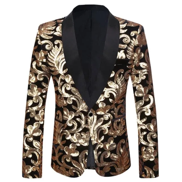 CGSUITS Men's Fashion Stylish Shawl Lapel Black & Gold Velvet Blazer Jacket