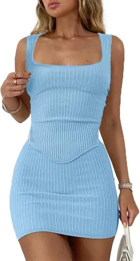 CHYRII Womens Sexy Summer Two Piece Outfits Square Neck Going Out Crop Top Bodycon Skirt Sets Mini Dress