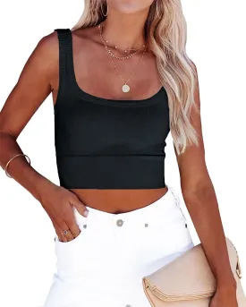CYVESOULA Tank Top for Women Scoop Neck Sleeveless Crop Tops Chevron Ribbed Knit Crop Tank Top Fitted Soft Basic Cropped Tank