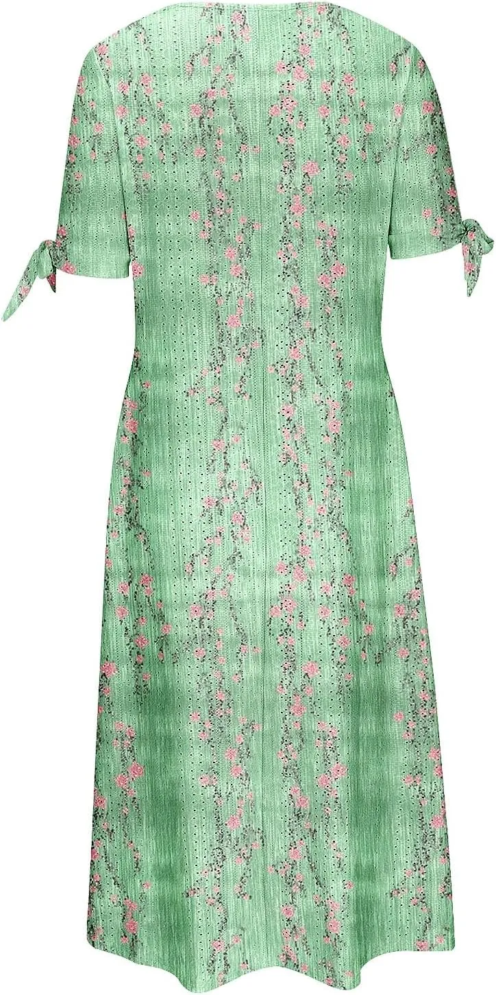 Dresses for Women Boho Eyelet Button V Neck Tie Knot Short Sleeve Dress Flowy Beach Vacation Midi Dress with Pocket