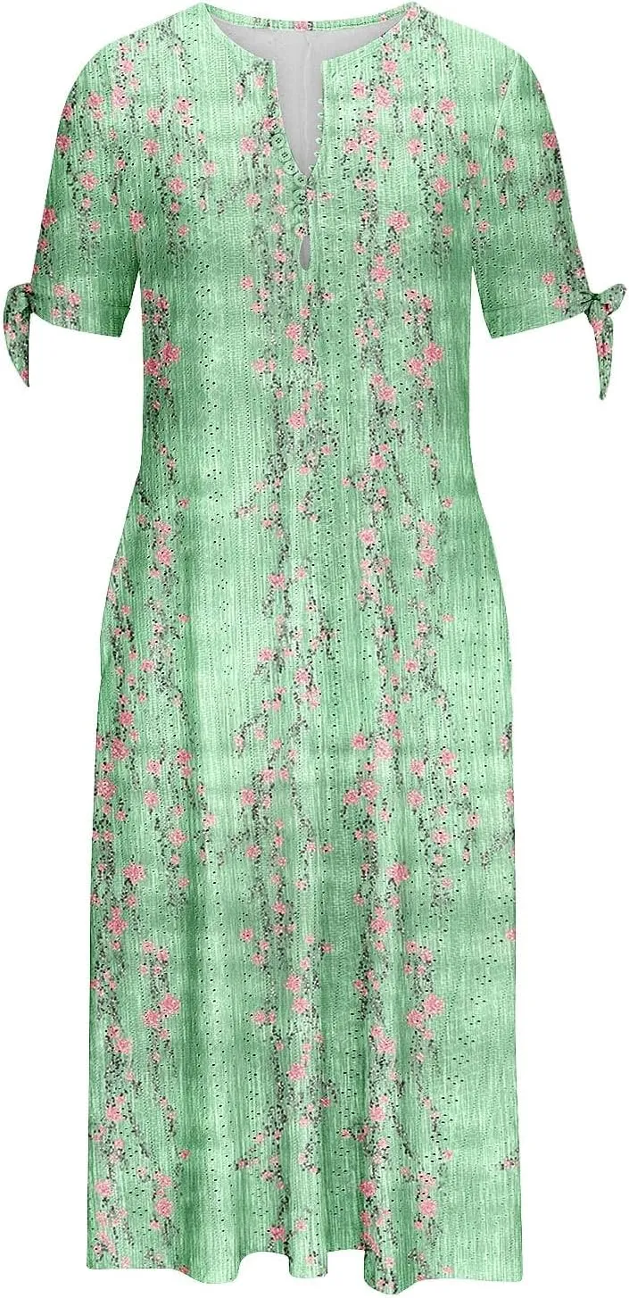 Dresses for Women Boho Eyelet Button V Neck Tie Knot Short Sleeve Dress Flowy Beach Vacation Midi Dress with Pocket