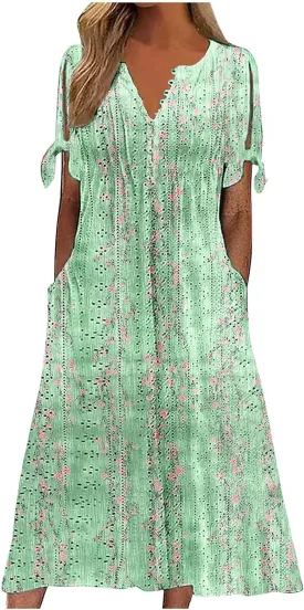 Dresses for Women Boho Eyelet Button V Neck Tie Knot Short Sleeve Dress Flowy Beach Vacation Midi Dress with Pocket