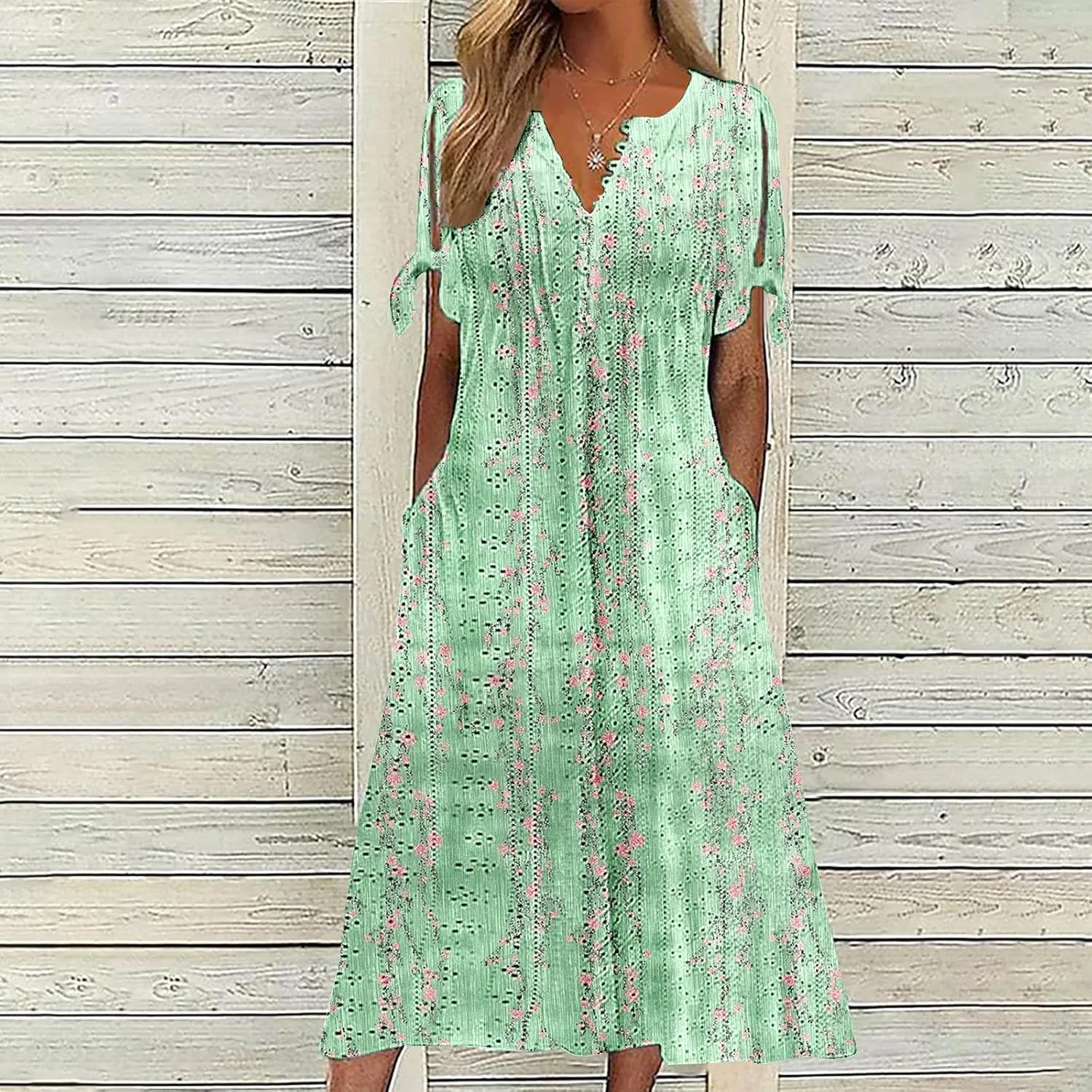 Dresses for Women Boho Eyelet Button V Neck Tie Knot Short Sleeve Dress Flowy Beach Vacation Midi Dress with Pocket