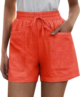 Elastic Waist Casual Shorts for Women Comfy High Waisted Drawstring Summer Solid Color Beach Shorts with Pockets