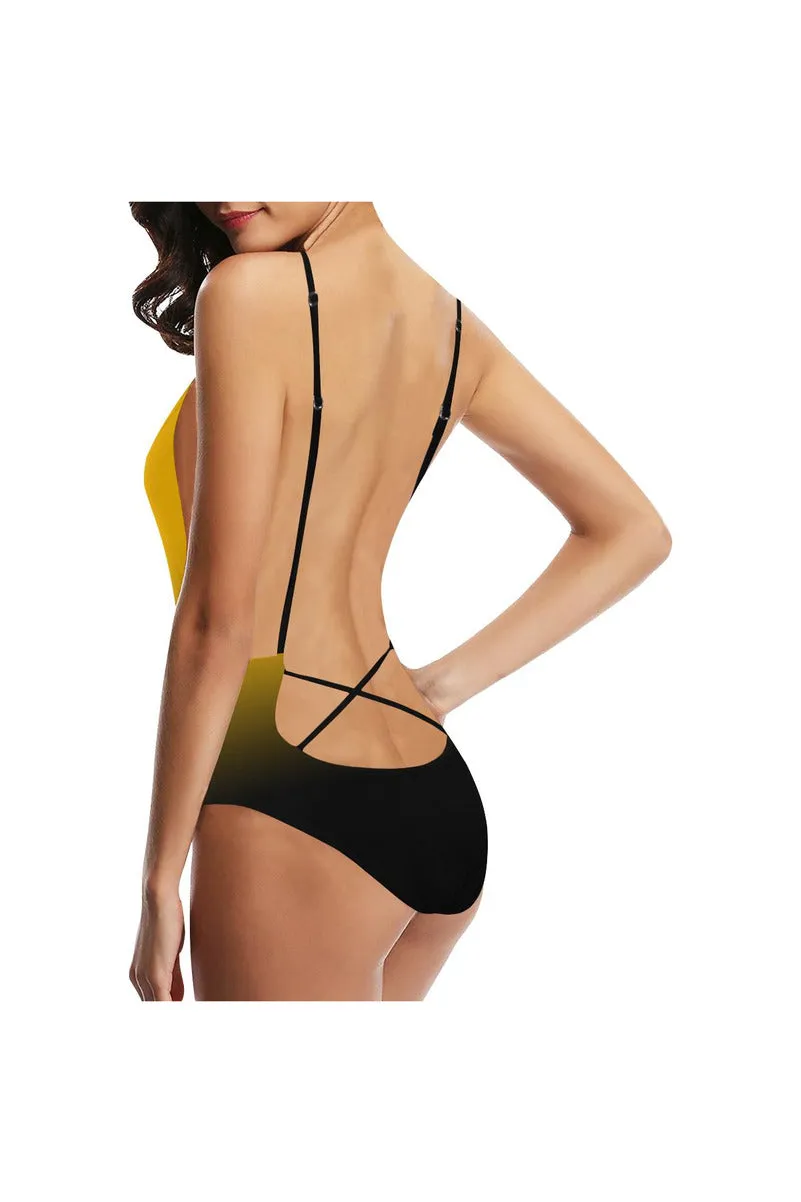 Fade Gold to Black Sexy Lacing Backless One-Piece Swimsuit