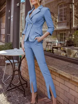 Formal Style Blazer Coat And Pants Light Blue Suit Set - Ships in 24 Hrs