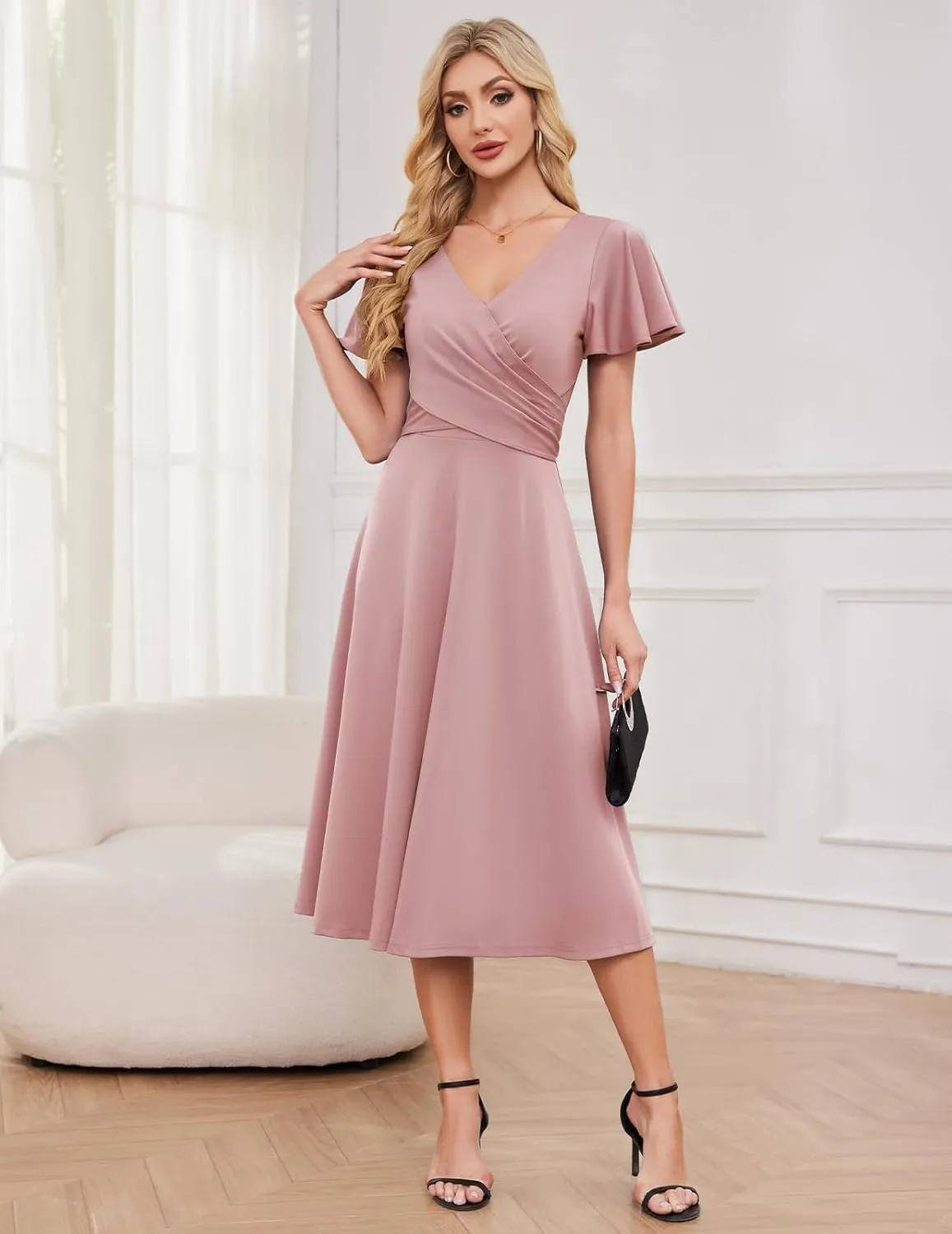 Gardenwed Womens Cocktail Dress Wedding Guest Semi Formal Wrap V Neck Short Sleeve Ruched A Line Midi Dresses with Belt