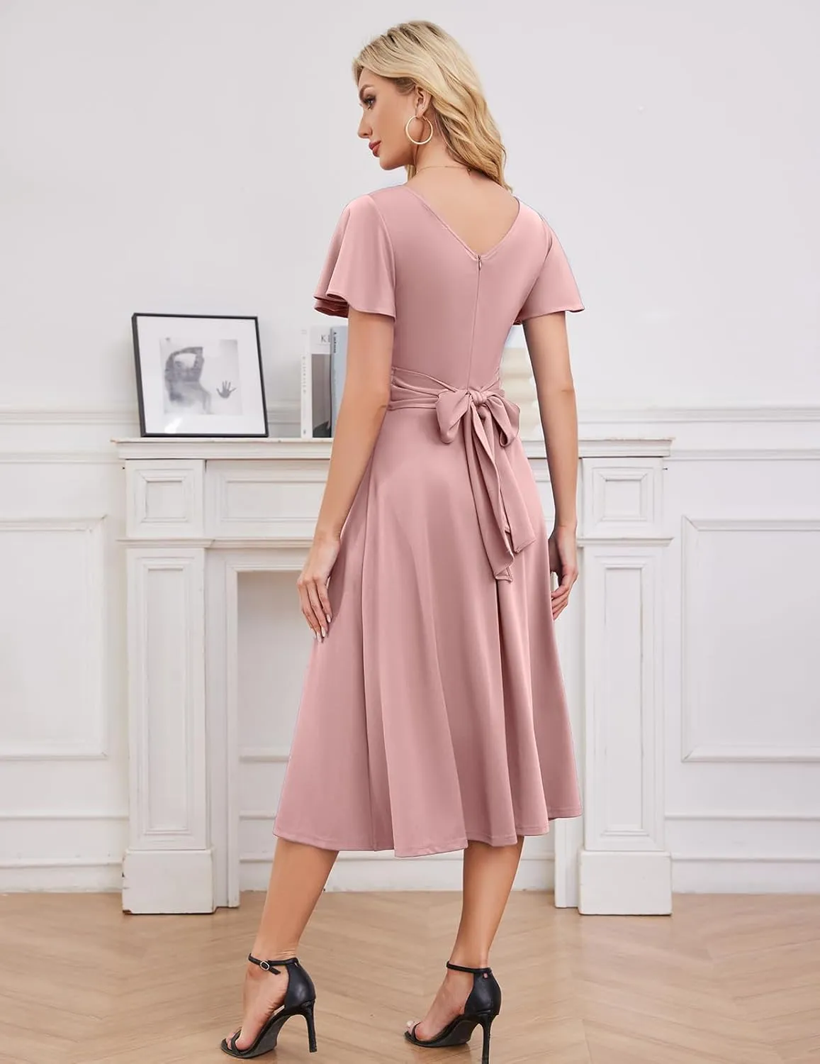 Gardenwed Womens Cocktail Dress Wedding Guest Semi Formal Wrap V Neck Short Sleeve Ruched A Line Midi Dresses with Belt