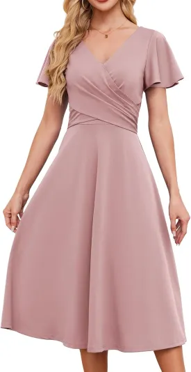 Gardenwed Womens Cocktail Dress Wedding Guest Semi Formal Wrap V Neck Short Sleeve Ruched A Line Midi Dresses with Belt