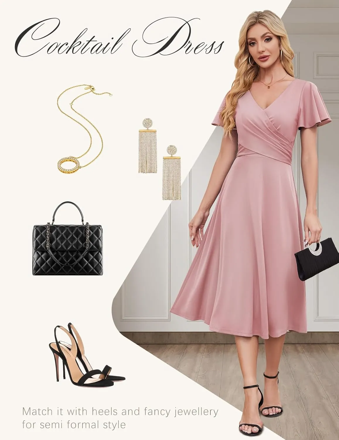 Gardenwed Womens Cocktail Dress Wedding Guest Semi Formal Wrap V Neck Short Sleeve Ruched A Line Midi Dresses with Belt