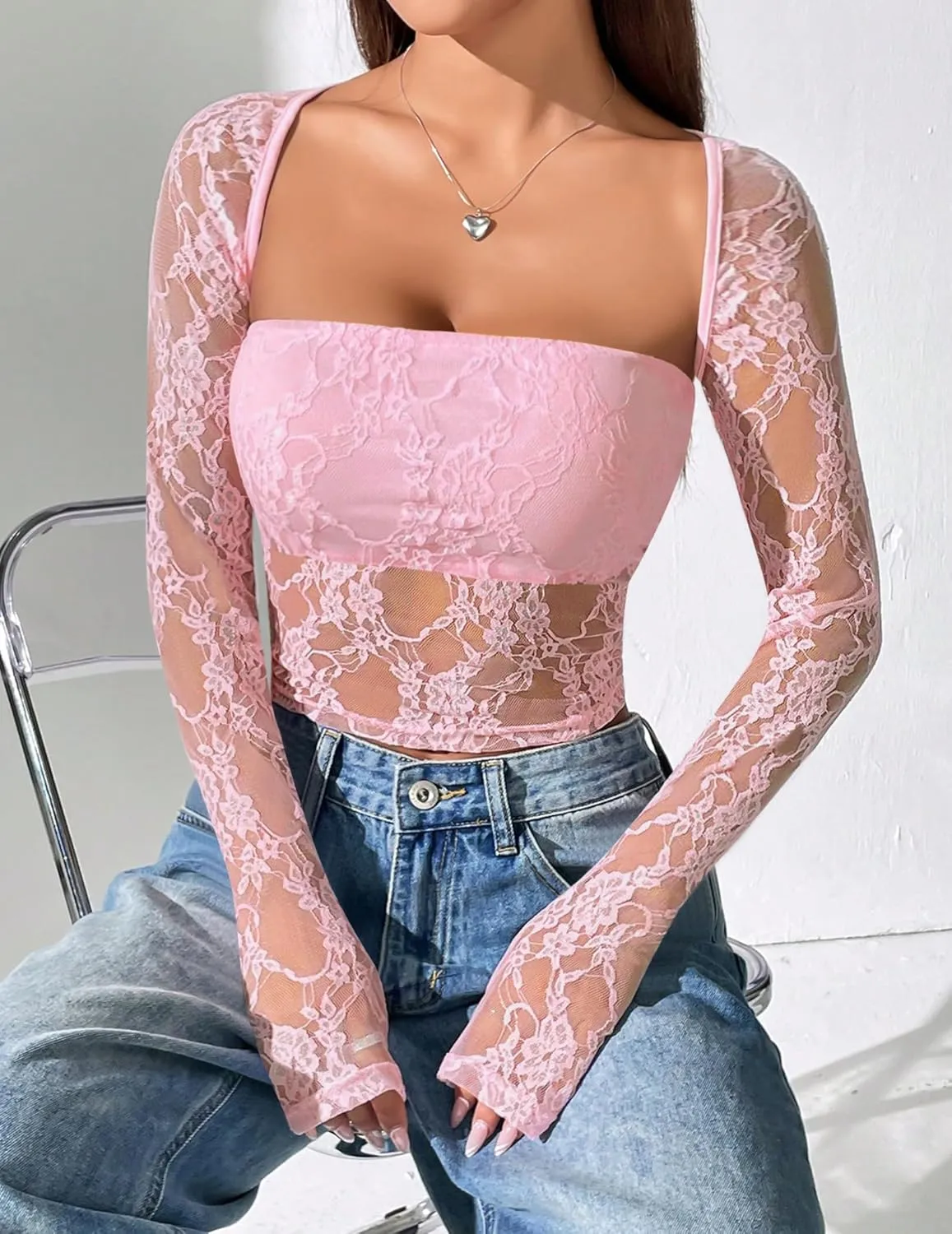 Going Out Tops for Women Long Sleeve 2 Piece Square Neck Tank Top Lace Mesh Sheer Crop Tops Strapless Shirts