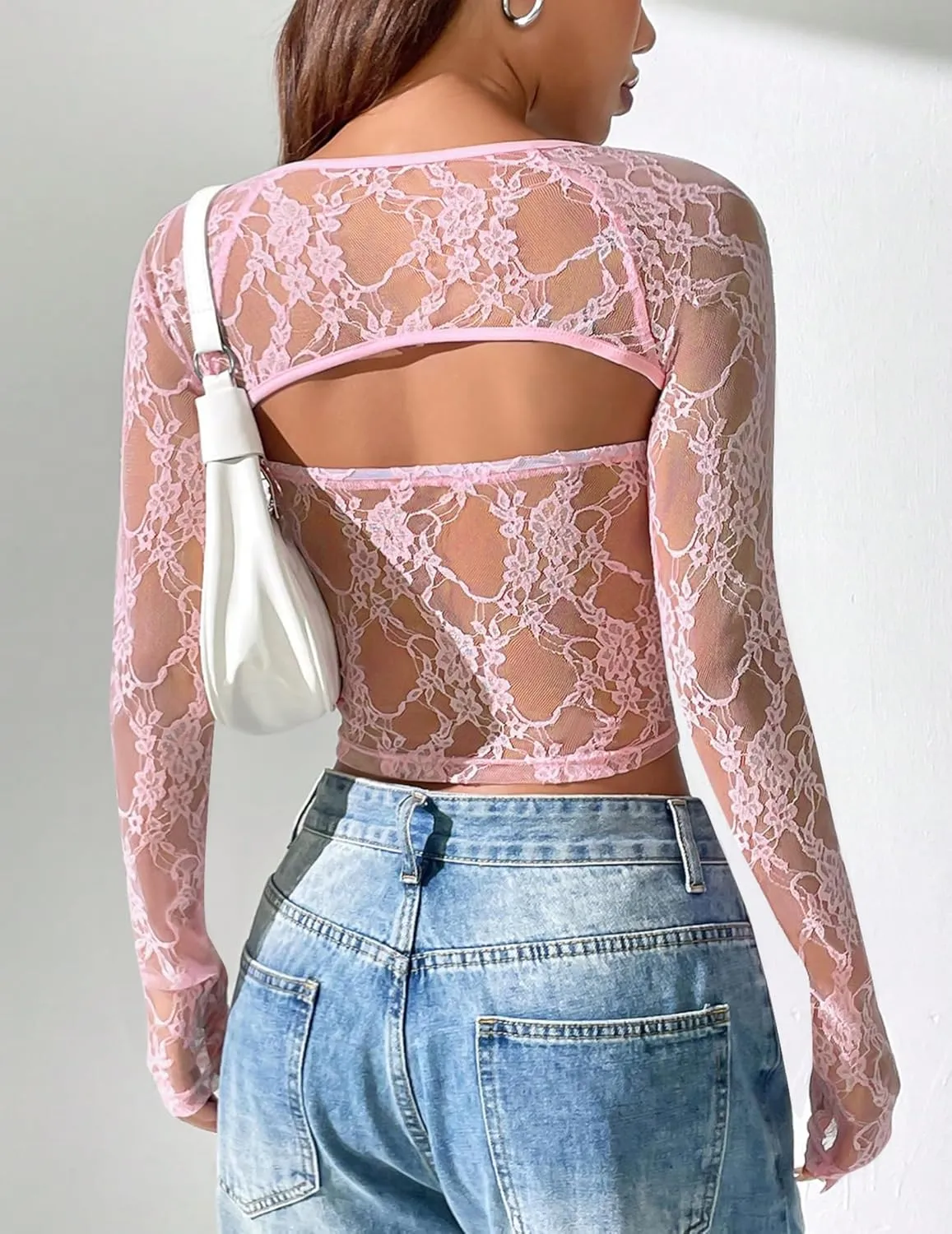 Going Out Tops for Women Long Sleeve 2 Piece Square Neck Tank Top Lace Mesh Sheer Crop Tops Strapless Shirts