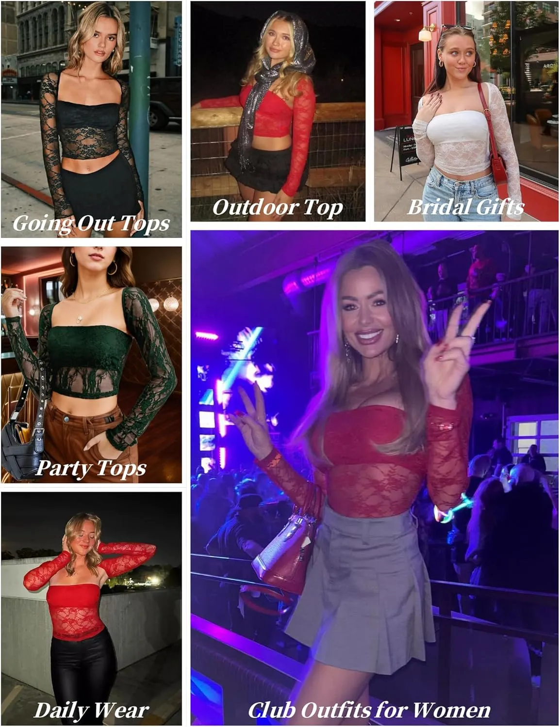 Going Out Tops for Women Long Sleeve 2 Piece Square Neck Tank Top Lace Mesh Sheer Crop Tops Strapless Shirts