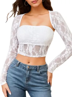 Going Out Tops for Women Long Sleeve 2 Piece Square Neck Tank Top Lace Mesh Sheer Crop Tops Strapless Shirts