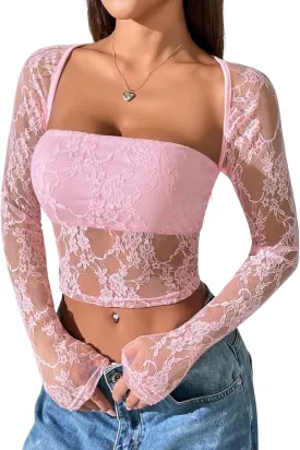 Going Out Tops for Women Long Sleeve 2 Piece Square Neck Tank Top Lace Mesh Sheer Crop Tops Strapless Shirts