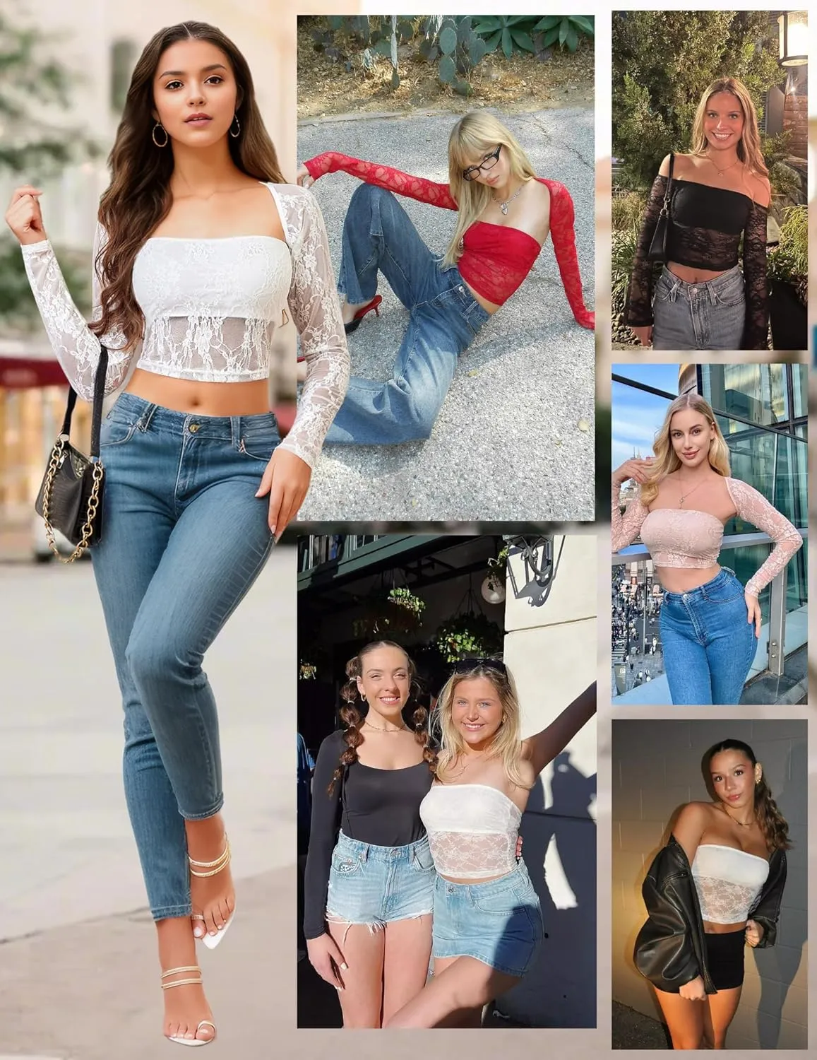 Going Out Tops for Women Long Sleeve 2 Piece Square Neck Tank Top Lace Mesh Sheer Crop Tops Strapless Shirts