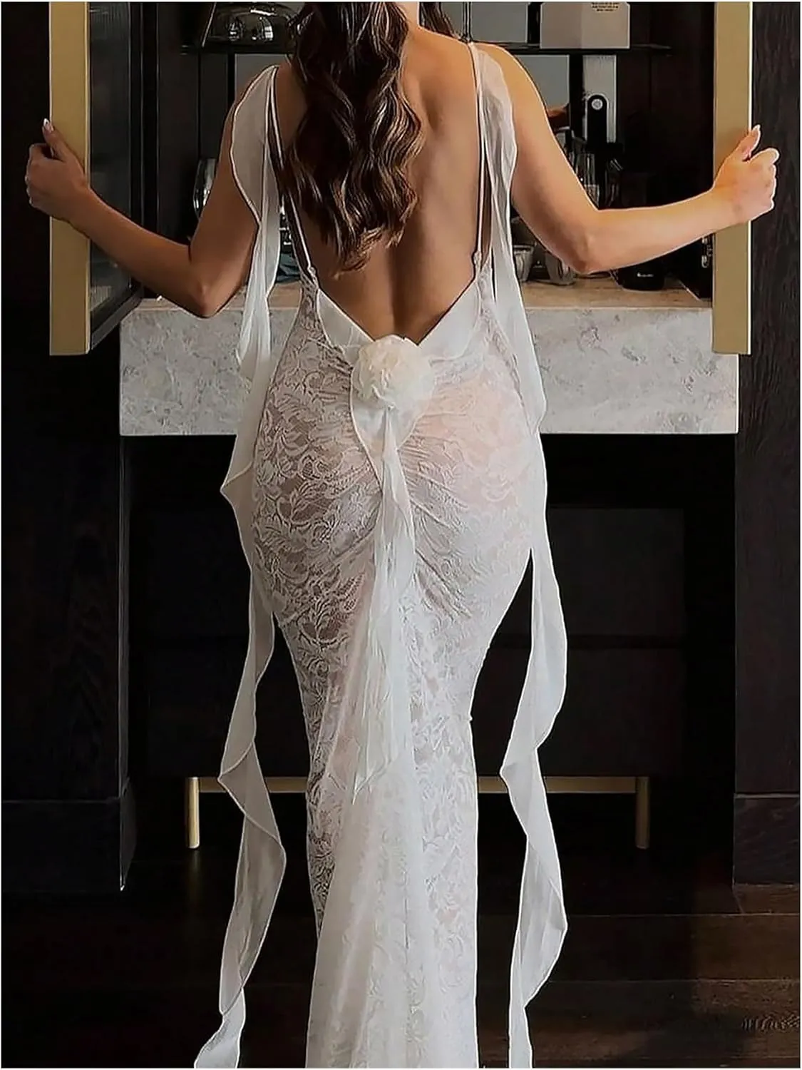 GORGLITTER Women's Lace Flower Bodycon Maxi Dress Open Back Mesh Fringe Wedding Guest Cocktail Birthday Dinner Dresses