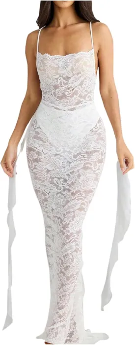 GORGLITTER Women's Lace Flower Bodycon Maxi Dress Open Back Mesh Fringe Wedding Guest Cocktail Birthday Dinner Dresses