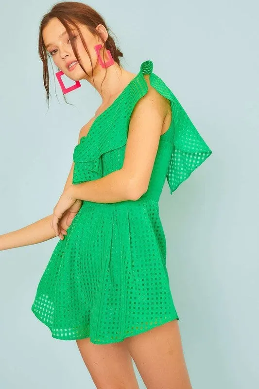 Green One Ruffle Shoulder Plaid Organza Romper