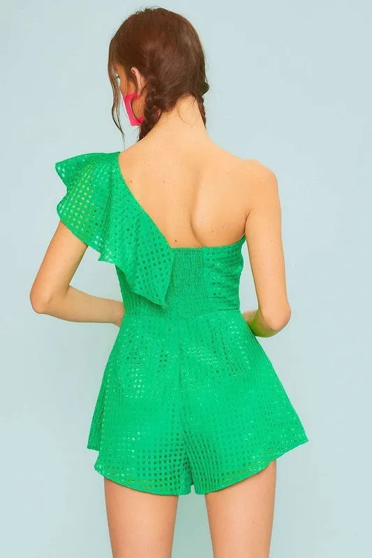 Green One Ruffle Shoulder Plaid Organza Romper