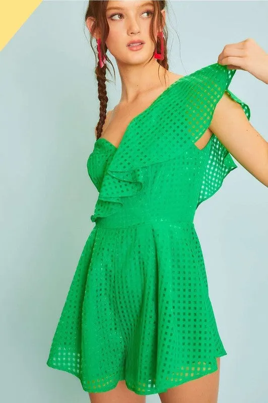 Green One Ruffle Shoulder Plaid Organza Romper