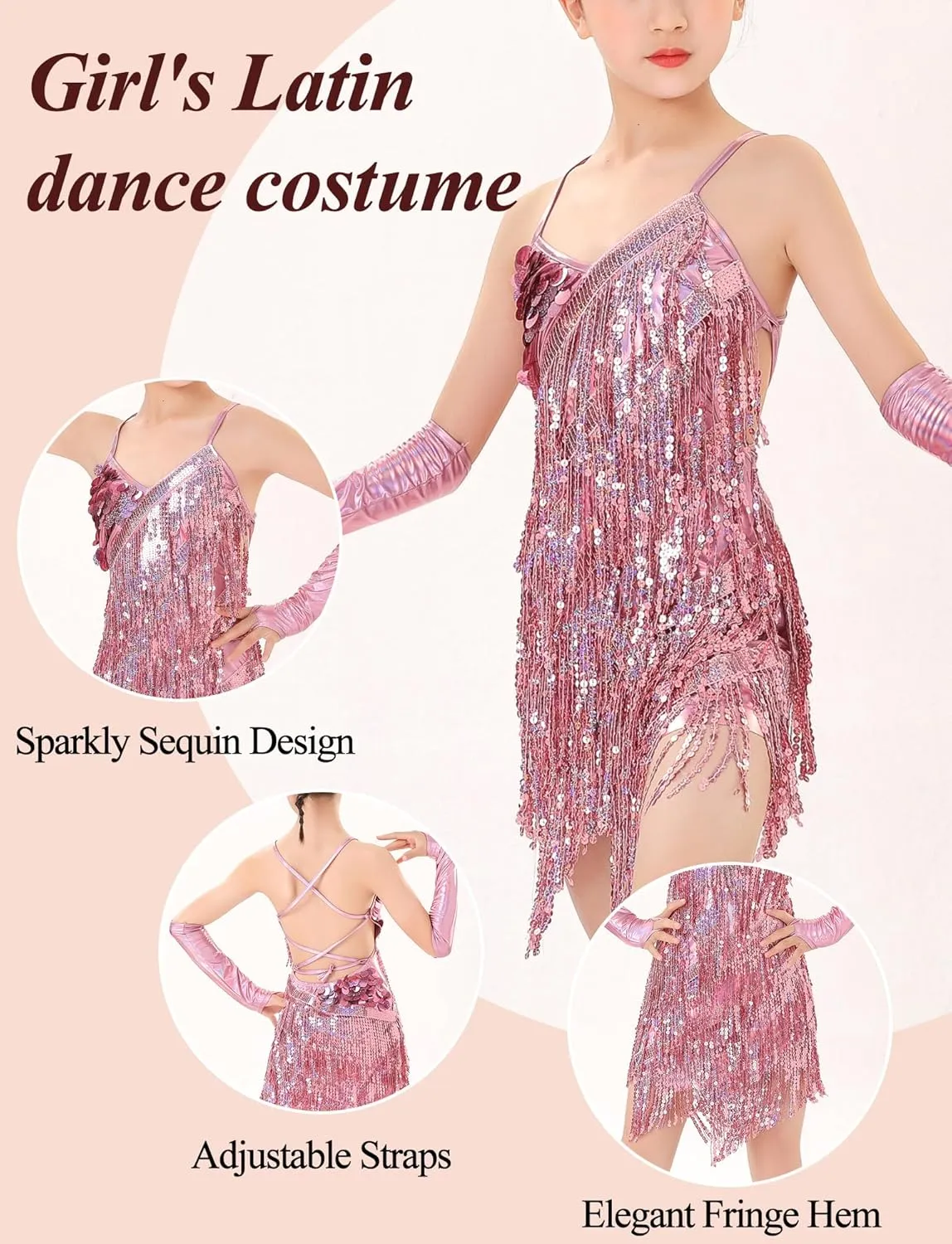 Happy Cherry Kids Sequin Fringe Dress Sparkling Tassel Latin Dance Dress with Gloves Jazz Tango 1920s for Gilrs 5-13Years