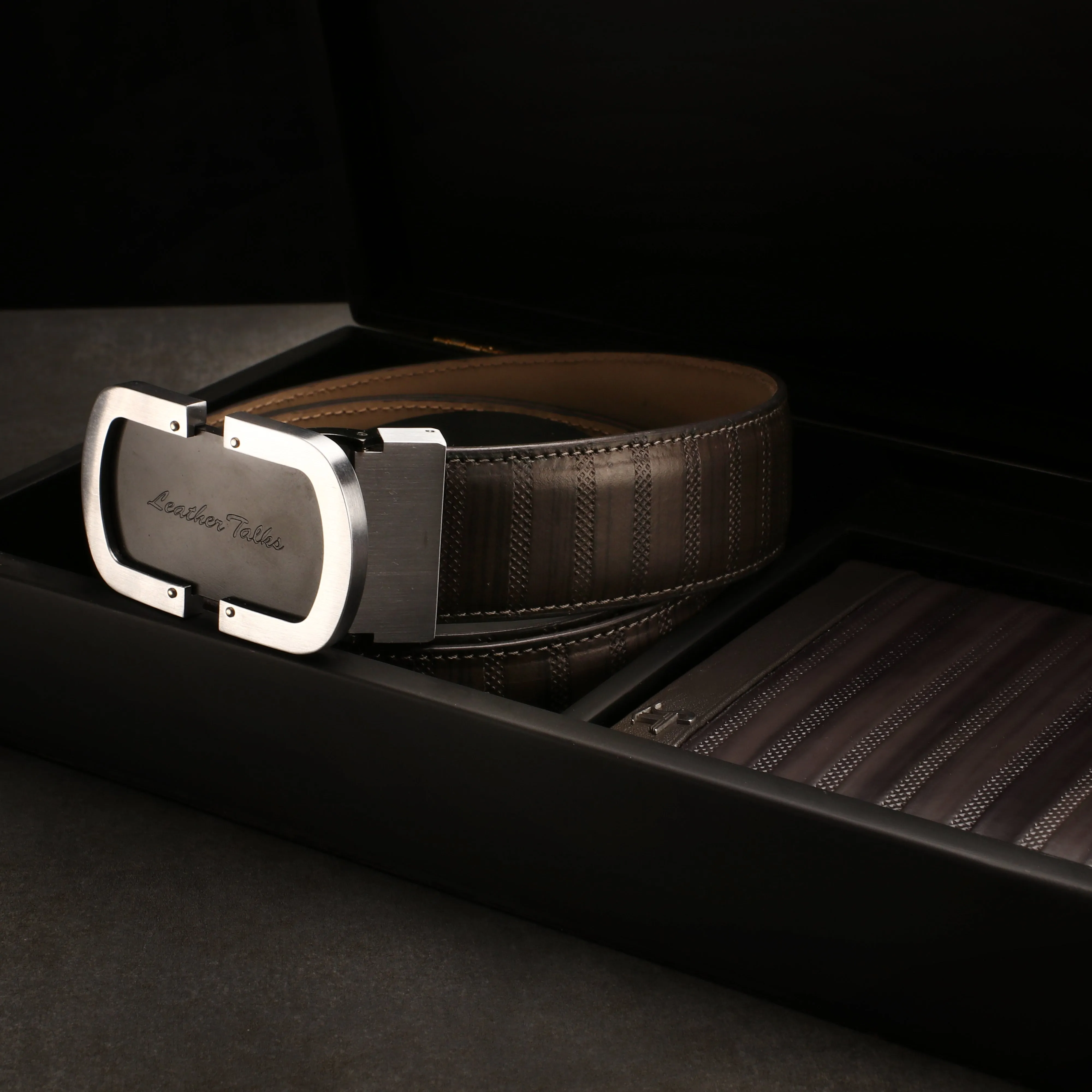 Italian VT Stripe | Genuine Leather Wallet and Belt Gift Set | Wallet and Belt Combo | Plus Size Mens Belts | Colour: Grey