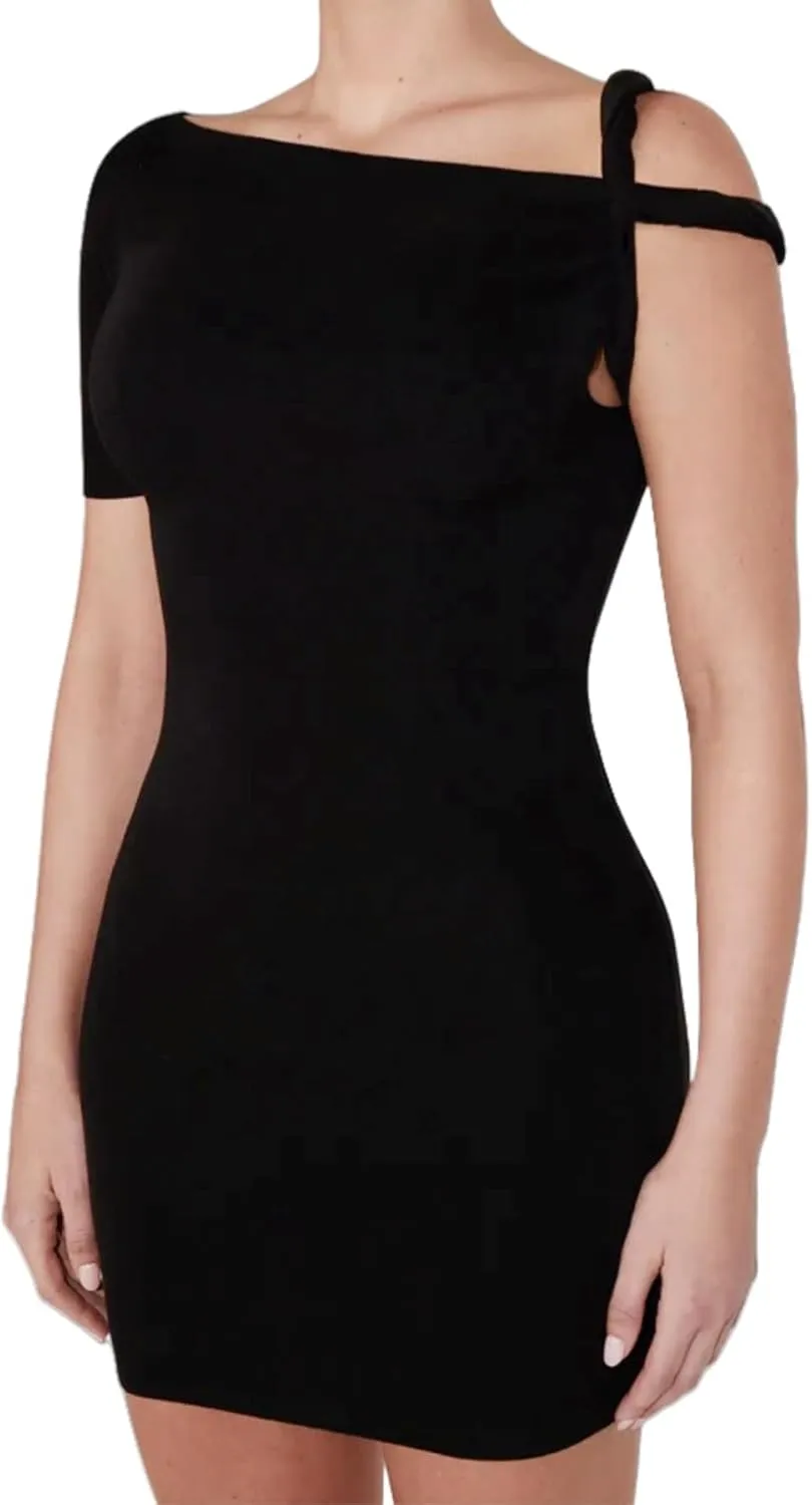 JUMISEE Women's Asymmetrical Twist Knot Mini Dress Sexy One Shoulder Ruched Bodycon Short Dress Slim Fit Party Dresses
