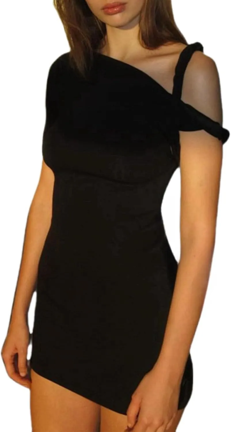 JUMISEE Women's Asymmetrical Twist Knot Mini Dress Sexy One Shoulder Ruched Bodycon Short Dress Slim Fit Party Dresses