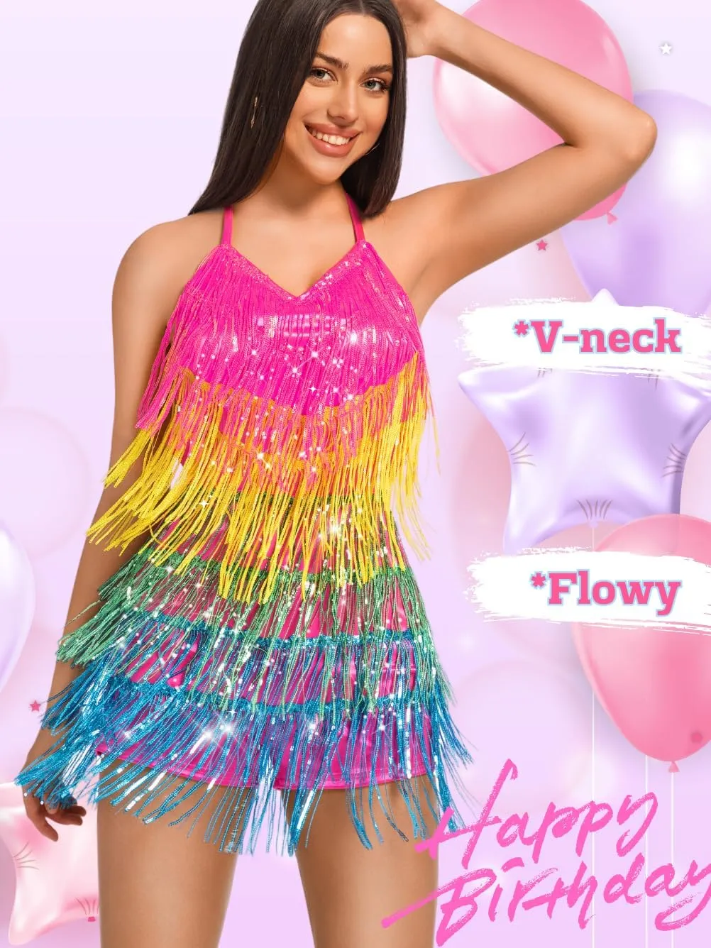 Kaei&Shi Sequin Fringe Dress,Backless Sexy Rompers For Women Clubwear,Sparkly Dance Outfits Rave Festival Concert Disco