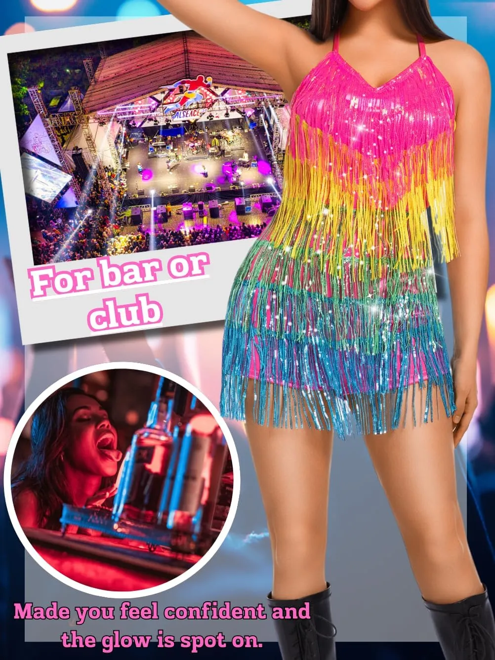 Kaei&Shi Sequin Fringe Dress,Backless Sexy Rompers For Women Clubwear,Sparkly Dance Outfits Rave Festival Concert Disco