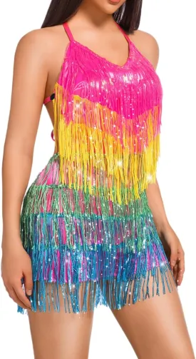 Kaei&Shi Sequin Fringe Dress,Backless Sexy Rompers For Women Clubwear,Sparkly Dance Outfits Rave Festival Concert Disco