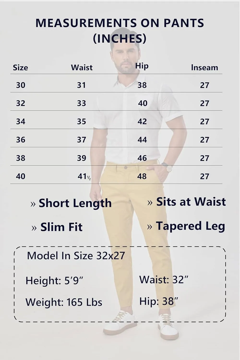 Khaki Pants for Short Men 27" Straight Slim Fit Mens Dress Chinos Pants Stretch Smart Casual Trousers